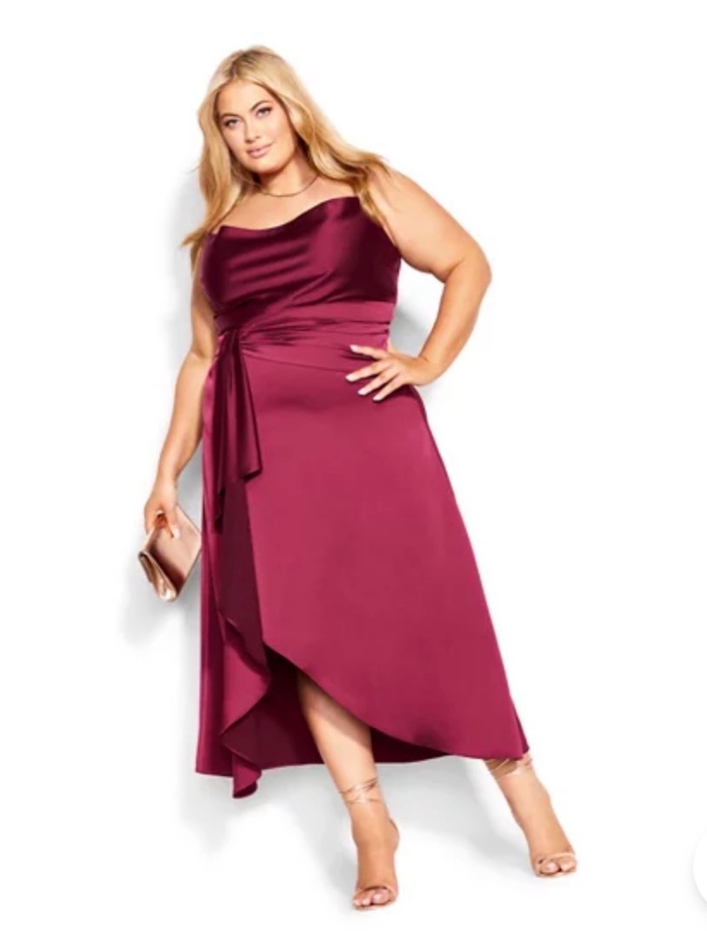 City Chip Simplicity Satin Asymmetrical Dress in Burgundy 20W NWT